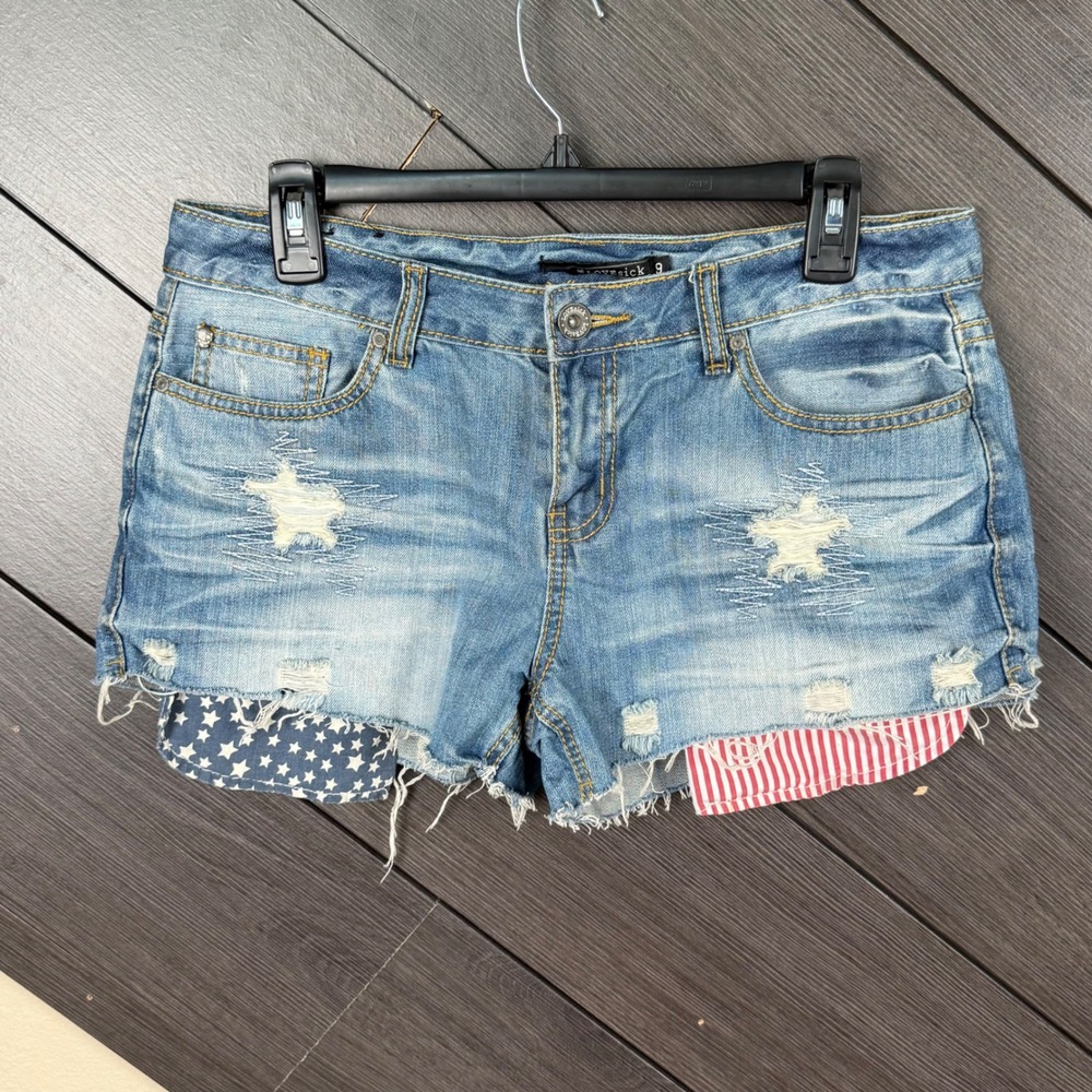 LoveSick Women's Size 9 Distressed Denim Shorts American Flag Pocket Y2K